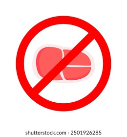 No meat icon. Raw red meat with cross sign. Healthcare, vegan, diet, natural, stop, forbidden, warning, attention concept. Flat vector design isolated illustration.