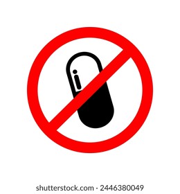 No medical pill ban sign icon. Healthcare, no drugs, prohibition, addiction forbidden concept. Flat vector design illustration isolated on background.