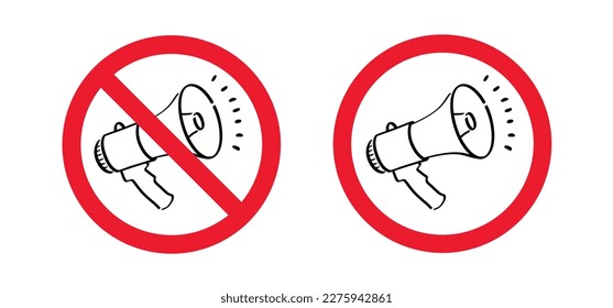 No megaphone or bullhorn prohibition sign. Do not use megaphone, microphone to speak message. loudspeaker, microfoon pictogram. Horn, announcing, stop propaganda, advertising or sale. Do not speak.