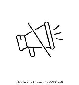 No hay señal Megáfona con insignias en marcos rectangulares. El estilo de ilustración es un símbolo icónico plano dentro de un círculo cruzado rojo sobre un fondo blanco. Simple No Megaphone vector sign, diseñado para reglas,