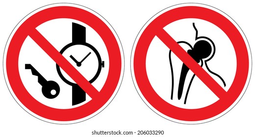 No metallic articles or watches, No access for people with metallic implants signs (eps 10)