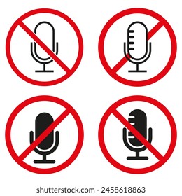 No se permite señal de micrófono. Símbolo de prohibición de audio. Iconos de Vector silencioso.