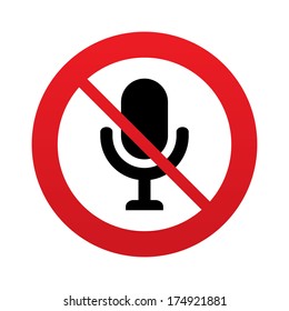 No Microphone icon. Speaker symbol. Live music sign. Red prohibition sign. Stop symbol. Vector