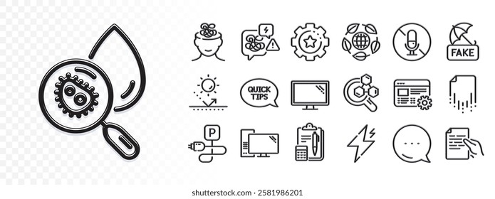 No microphone, Recovery file and Accounting line icons for web app. Glare of light effect. Message icon. Pack of Eco organic, Chemistry lab, Charging parking pictogram icons. Vector