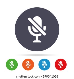 No Microphone sign icon. Speaker symbol. Round colourful buttons with flat icons. Vector