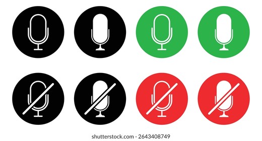 No Microphone and Sound Prohibited Icons Set – Audio and Voice Restrictions with Megaphone and Microphone Symbols Vector illustration.
