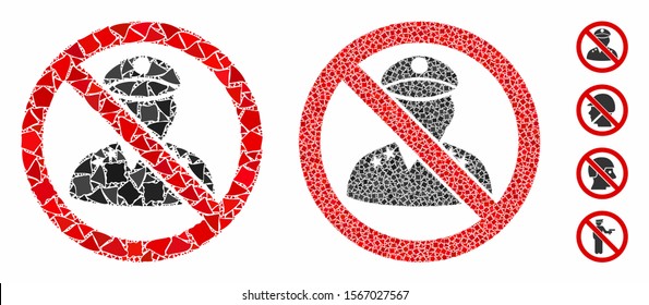 No military officer composition of bumpy pieces in different sizes and color hues, based on no military officer icon. Vector rugged items are organized into collage.