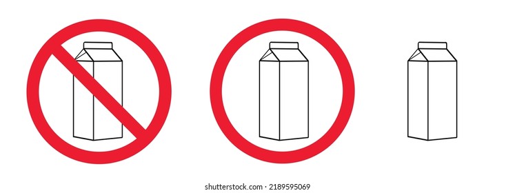 No milk sign or logo. For gluten and dairy free product. Vector pack of milk pictogram. Not allow milk. Lactose intolerance allergy concept warning. Carton package. Food symbol. Healthy meal.