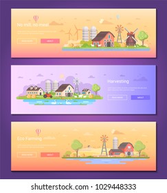No mill, no meal - set of modern flat design style vector illustrations with place for text. A collection of three countryside landscapes with a barn, windmills, farm animals, haystacks, silage towers