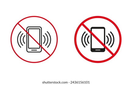 No Mobile Phone Allowed Warning Sign Set. Calling Forbidden, Use Smartphone Is Prohibited Line And Silhouette Icons. Silent Zone Red Circle Symbol. Isolated Vector Illustration.