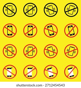 No hay conjunto de Vectores de señal de teléfono móvil. Colección de los símbolos prohibidos del icono del teléfono móvil en fondo amarillo.
