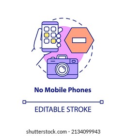 No mobile phones concept icon. Escape room prohibition abstract idea thin line illustration. Avoid smartphones usage. Isolated outline drawing. Editable stroke. Arial, Myriad Pro-Bold fonts used