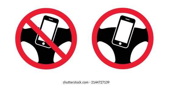 No mobile phones. Drive mobile-free, drive MONO. Vector traffic, road car icon, pictogram. Without distraction from apps or social media posts. Keep your eyes on the road. Mobile phone symbol or logo.