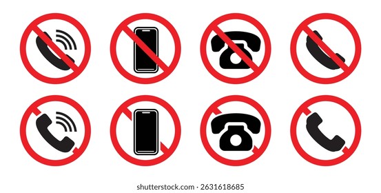 No mobile phones sign. Sign prohibiting the use of telephones, cellphone, isolated, no mobile phone. Vector illustration