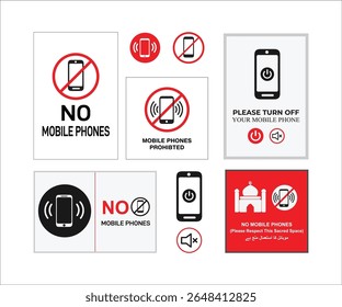Nenhum conjunto de sinais de telefones celulares com 5 designs de proibição exclusivos. Cartazes, etiquetas e ícones imprimíveis para segurança no local de trabalho, na indústria ou no escritório, a fim de não impor políticas de uso do telefone.