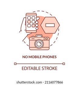 No mobile phones terracotta concept icon. Forbidden video recording and photographing abstract idea thin line illustration. Isolated outline drawing. Editable stroke. Arial, Myriad Pro-Bold fonts used