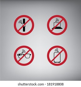 No modern technology, smart watch, smartphone, smart glasses and laptops signs. Eps10 vector illustration