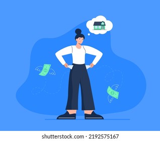 No money. Bankruptcy, poverty, economic crisis, and troubles. A woman is turning out empty pockets and thinking about unpaid loans. Vector flat illustration isolated on the white background.