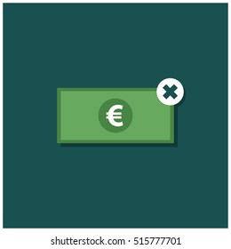 No Money Euro symbol EU Currency Icon On Bill (Rs Cash Payment Not Available) Flat Style Vector Illustration