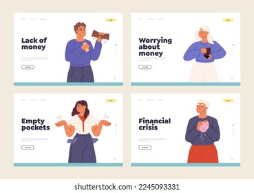 No money and financial crisis concept of landing page with poor men and women hold empty wallets, have no savings, income, suffer from loss Depressed bankrupt human. Cartoon flat vector illustration