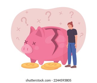 No money flat concept vector illustration. Broken piggy bank. Financial failure. Editable 2D cartoon character on white for web design. Saving problem creative idea for website, mobile, presentation