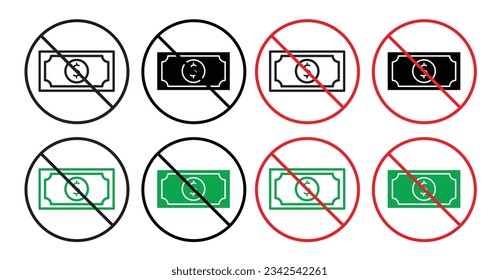 No money icon set in black, red, and green color. No extra charges vector symbol. No income tax payment line sign. No cash payment sign. zero corruption web symbol.