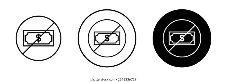 Kein Geld Symbol gesetzt. Kein Bargeld oder keine Steuer auf Einkommen der Unternehmen Vektorsymbol mit Dollarzeichen. Keine Gebühren oder Gebühren Zeichen in schwarz gefüllt und umrissen Stil.