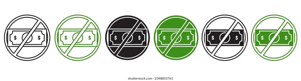 No Money Icon. Vector set of non cash in saving or not eligible to get credit loan from bank makes bankrupt. Symbol of dollar free price of shopping with expenses is low by tax forbidden