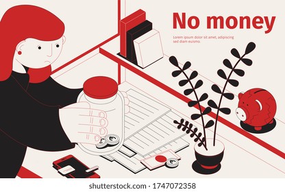 Sin fondo isométrico de dinero con texto editable y mujer infeliz sosteniendo frasco con pocas monedas dentro de ilustración vectorial