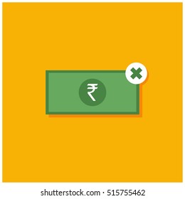 No Money Rupee Sign On Bill (Rs Cash Payment Not Available) Flat Style Vector Illustration
