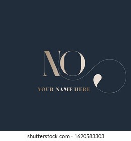 NO monogram logo.Elegant style typographic icon.Lettering sign.Alphabet initials in gold metal color isolated on dark background.Uppercase luxury letter n and letter o.Beauty characters with swirl.