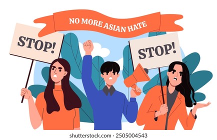 No more asian hate. Man with loudspeaker and women with placards. Protest of dissatisfied citizens. Tolerance and unity, equality. Flat vector illustration isolated on white background