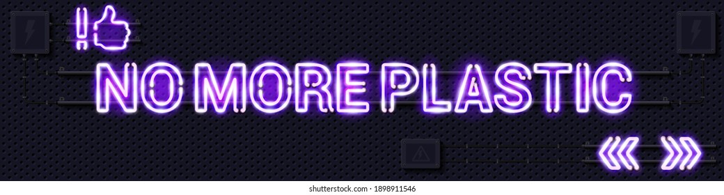NO MORE PLASTIC glowing purple neon lamp sign. Realistic vector illustration. Perforated black metal grill wall with electrical equipment.
