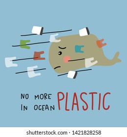 No more plastic in  ocean word and sad whale swimming and found a lot plastic in sea cartoon vector illustration 