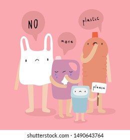 No More Plastic Please - Cute Vector Illustration With Plastic Bottles And Bags. Zero Waste Concept Drawing. Cute Characters With Sad Faces.