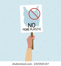 Kein Plastikplakat mehr mit einem verbotenen Einweg-Plastikbeutel auf der Platine in der weiblichen Hand. Verschmutzung von Meeres- und Meerestieren durch Plastik. Globale Umweltprobleme. Handgezeichnete Vektorgrafik.