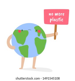 No More Plastic - vector illustration with an Earth character. Blue Planet cartoon character with protest sign.