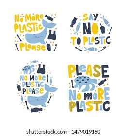 No more plastic word concept banners set. Environment pollution, ecological problem isolated vector illustrations. Planet protection t shirt print idea. Whale, turtle, fish swimming in garbage clipart