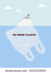 No more plastic word concept banners set. A pasific walrus standing on the ice, seen in the form of a plastic bag. Environment pollution, ecological problem isolated vector illustrations.