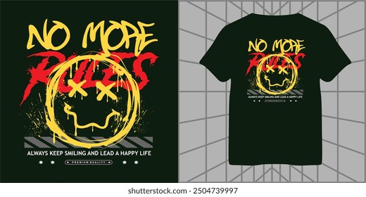 No More Rules Slogan with Smiley Face in a Spray-Painted Vector Illustration for T-Shirt Design, Streetwear, and Urban Fashion