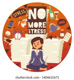 No more stress motivation background vector illustration. Young, calm, cartoon woman sittting and meditating. Female surrounded by different stressors. Financial and time management banner, poster.