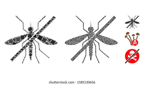 No mosquito icon mosaic of humpy elements in variable sizes and shades, based on no mosquito icon. Vector uneven pieces are composed into mosaic. No mosquito icons collage with dotted pattern.