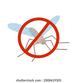 No mosquito stop sign in a red crossed out circle. Protect themselves from diseases that spread by midges. Symbol with flat vector illustration of gnat warning danger