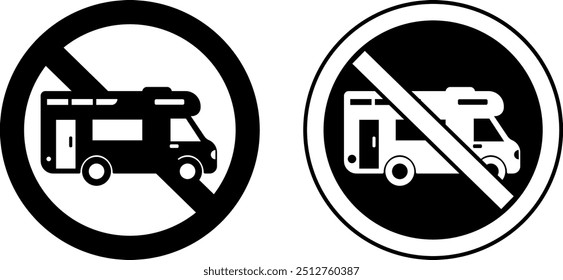 No hay carteles de caravanas motorizadas. Señales de advertencia. No hay aparcamiento para camping. Iconos blancos y negros del vector