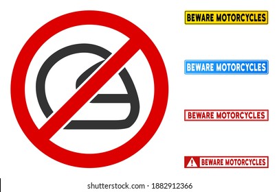 No Motorcycle Helmet sign with titles in rectangular frames. Illustration style is a flat iconic symbol inside red crossed circle on a white background. Simple No Motorcycle Helmet vector sign,