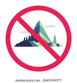 No mountain sign, mountain access forbidden sign, mountain prohibition symbol, mountain with red crossed circle symbol
