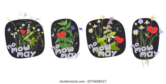 No mow May badges and stickers concept, wild flowers, grass and plants vector illustration