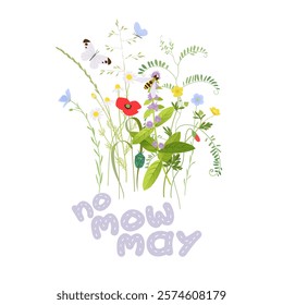 No mow May concept, wild flowers, grass and plants vector illustration