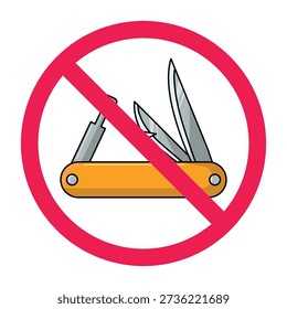 No multitool pocket knife sign, forbidden sign with multi tool pocket knife icon, folding knife prohibited symbol, do not use multitool pocket knife sign, vector illustration