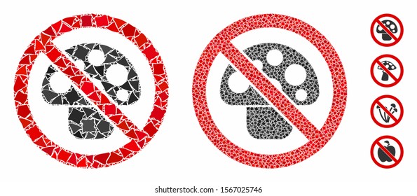 No mushroom composition of rough pieces in different sizes and color tinges, based on no mushroom icon. Vector irregular pieces are organized into collage.